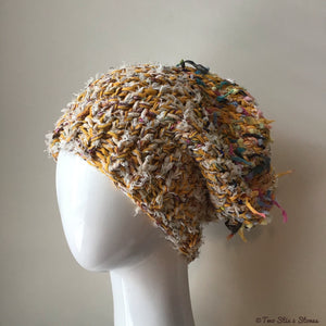 Luxe Cream & Yellow Tweed Funky Handknit Slouchy Hat