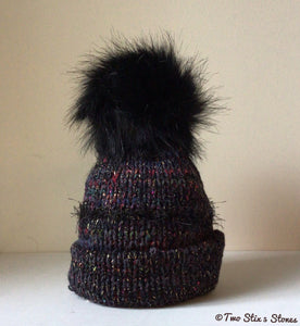 Luxe Black *Funky Tweeds* Knit Baby Hat w/Faux Fur Pom Pom
