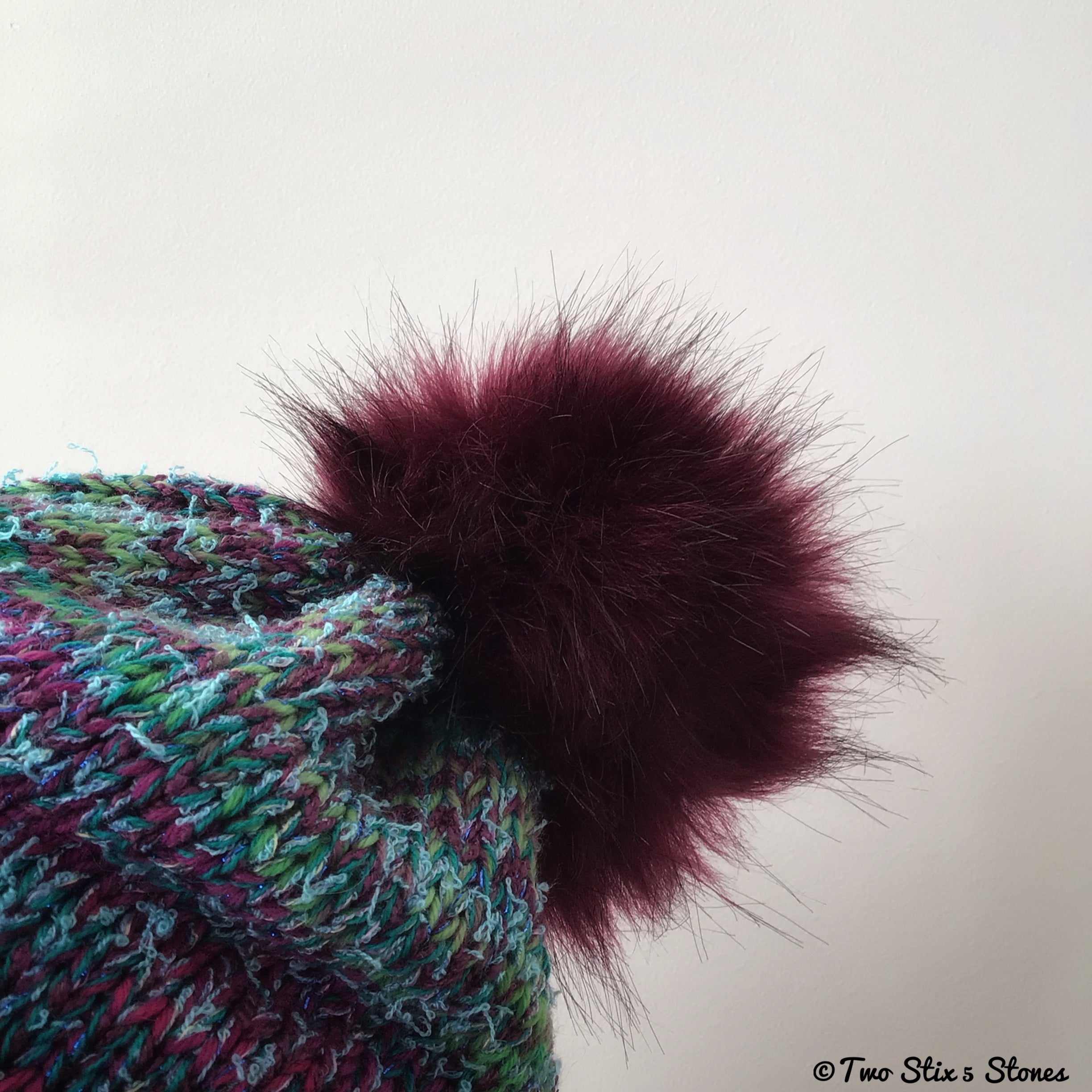 Turquoise & Fuchsia Tweed Beanie/Slouchy Beanie w/Faux Fur Pom Pom