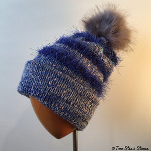 Luxe Blue *Funky Tweeds* Knit Faux Fur Pom Pom Hat