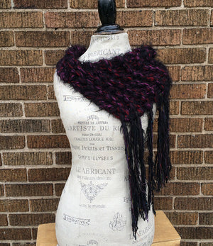 Mohair Blend Luxurious Wine and Black Fringed Shawl