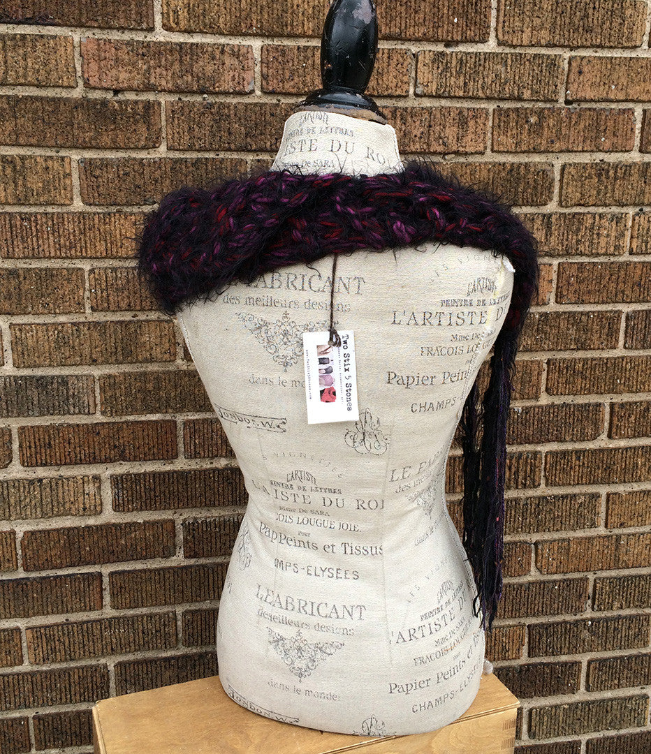 Mohair Blend Luxurious Wine and Black Fringed Shawl