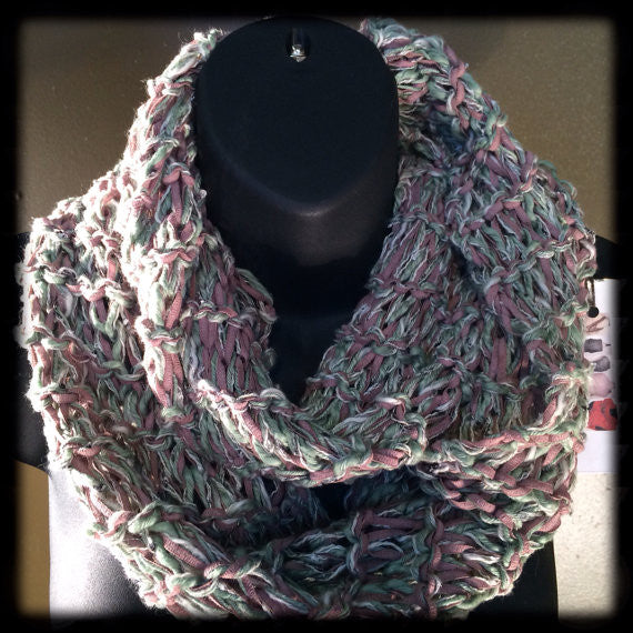 Lavender and Mint Green Tweed Hand Knit Infinity Scarf